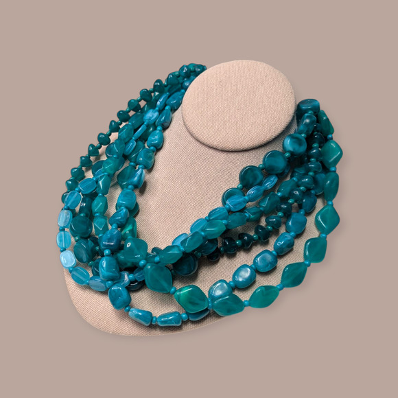 Vintage Twisted 6-Strand Beaded Resin Turquoise Choker Necklace - Picture 4 of 5